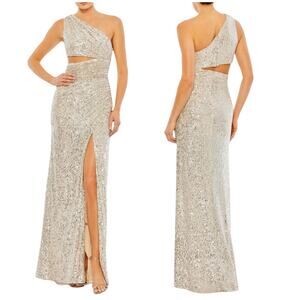 Mac Duggal NWT Sequin One Shoulder Cut Out Gown Nude Beige Silver Size 0